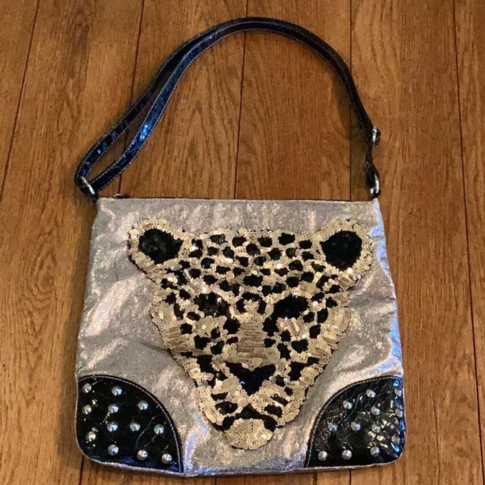 Leopard, cheetah Sequin and studded tote, shoulder Bag - Silver, tan and Black